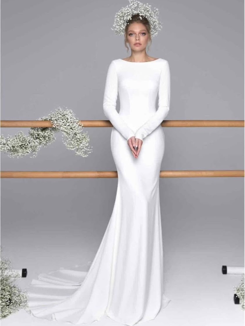 Classic Boatneck Long-Sleeve White Mermaid Wedding Gown